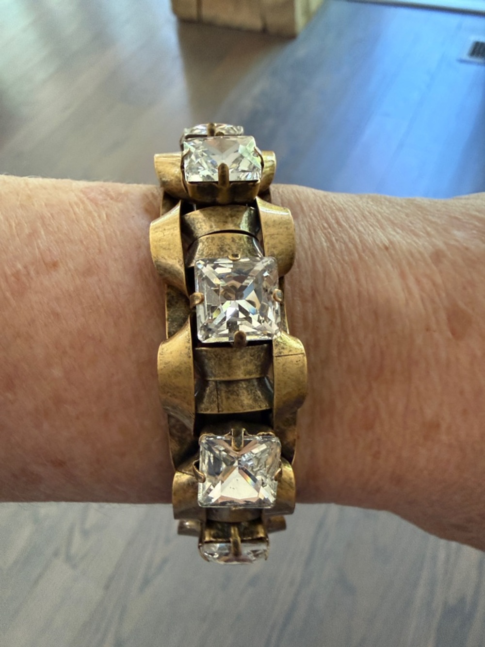 J. Crew Chunky Bracelet with Clear Square Sparkly Crystals in Brass Tone Metal
